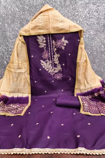 purple cotton blend embroidered unstitched dressmaterials 3 pair top bottom dupptaa