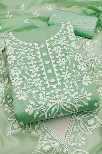 Green chanderi  embroidered unstitched dressmaterials 3 pair top bottom dupptaa