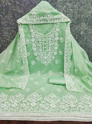 Green chanderi  embroidered unstitched dressmaterials 3 pair top bottom dupptaa 2