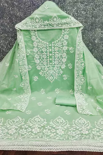 Green chanderi  embroidered unstitched dressmaterials 3 pair top bottom dupptaa
