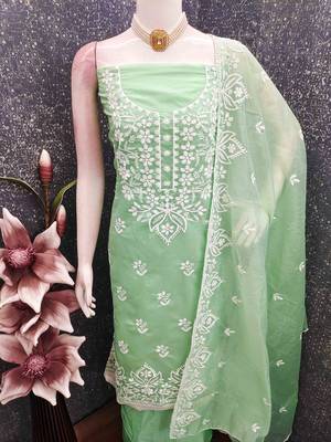 Green chanderi  embroidered unstitched dressmaterials 3 pair top bottom dupptaa 3