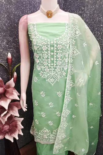 Green chanderi  embroidered unstitched dressmaterials 3 pair top bottom dupptaa
