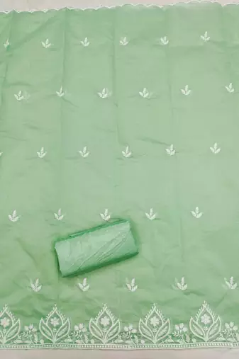 Green chanderi  embroidered unstitched dressmaterials 3 pair top bottom dupptaa