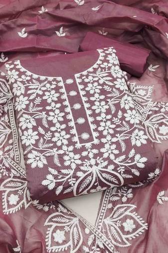 Lavender chanderi embroidered unstitched dressmaterials 3 pair top bottom dupptaa