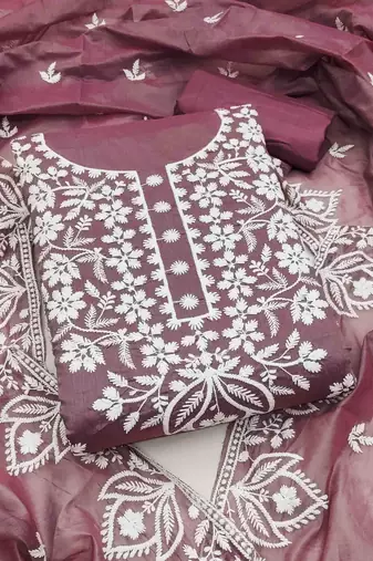 Lavender chanderi embroidered unstitched dressmaterials 3 pair top bottom dupptaa