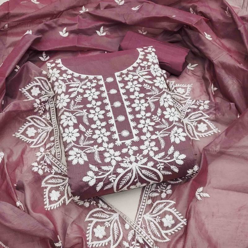 Lavender chanderi embroidered unstitched dressmaterials 3 pair top bottom dupptaa