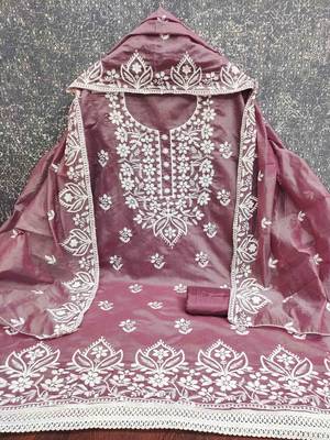 Lavender chanderi embroidered unstitched dressmaterials 3 pair top bottom dupptaa 2