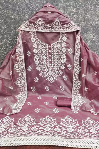 Lavender chanderi embroidered unstitched dressmaterials 3 pair top bottom dupptaa