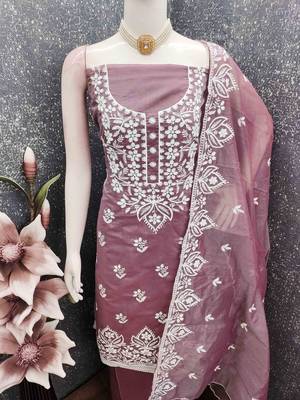 Lavender chanderi embroidered unstitched dressmaterials 3 pair top bottom dupptaa 3