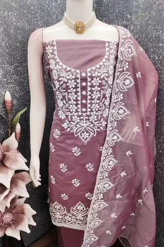 Lavender chanderi embroidered unstitched dressmaterials 3 pair top bottom dupptaa