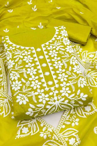 Sea green chanderi embroidered unstitched dressmaterials 3 pair top bottom dupptaa