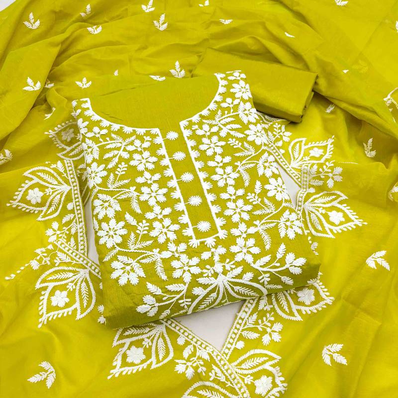Sea green chanderi embroidered unstitched dressmaterials 3 pair top bottom dupptaa