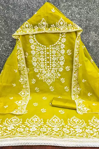 Sea green chanderi embroidered unstitched dressmaterials 3 pair top bottom dupptaa