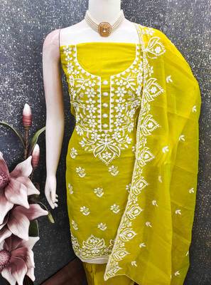 Sea green chanderi embroidered unstitched dressmaterials 3 pair top bottom dupptaa 3