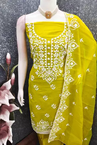 Sea green chanderi embroidered unstitched dressmaterials 3 pair top bottom dupptaa