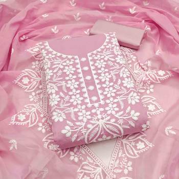 Pink chanderi  embroidered unstitched dressmaterials 3 pair top bottom dupptaa 1
