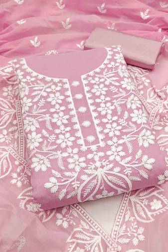 Pink chanderi  embroidered unstitched dressmaterials 3 pair top bottom dupptaa