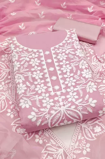 Pink chanderi  embroidered unstitched dressmaterials 3 pair top bottom dupptaa