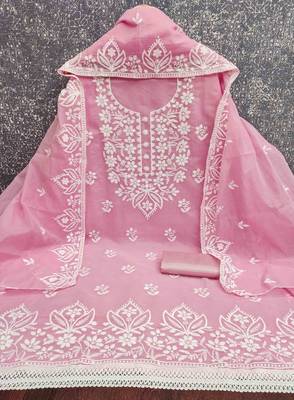 Pink chanderi  embroidered unstitched dressmaterials 3 pair top bottom dupptaa 2