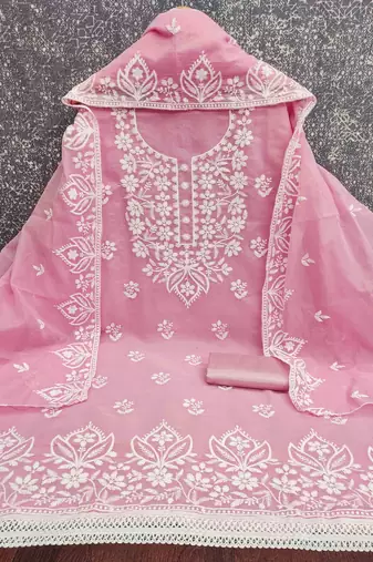 Pink chanderi  embroidered unstitched dressmaterials 3 pair top bottom dupptaa