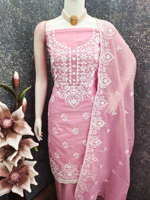 Pink chanderi  embroidered unstitched dressmaterials 3 pair top bottom dupptaa 3