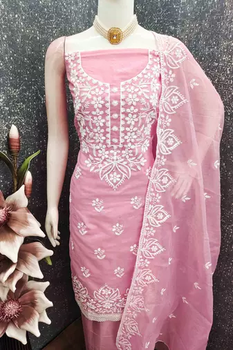 Pink chanderi  embroidered unstitched dressmaterials 3 pair top bottom dupptaa