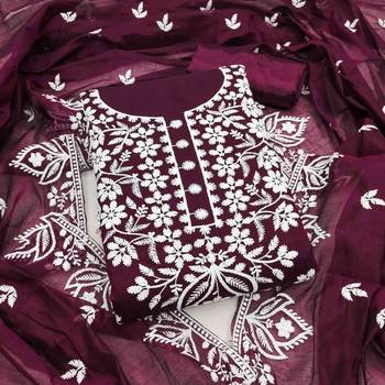 Purple chanderi  embroidered unstitched dressmaterials 3 pair top bottom dupptaa 1