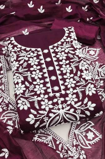 Purple chanderi  embroidered unstitched dressmaterials 3 pair top bottom dupptaa