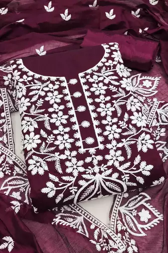 Purple chanderi  embroidered unstitched dressmaterials 3 pair top bottom dupptaa