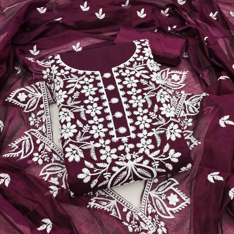 Purple chanderi  embroidered unstitched dressmaterials 3 pair top bottom dupptaa