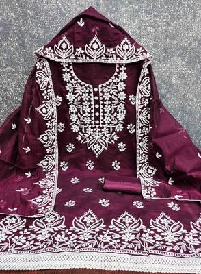 Purple chanderi  embroidered unstitched dressmaterials 3 pair top bottom dupptaa 2