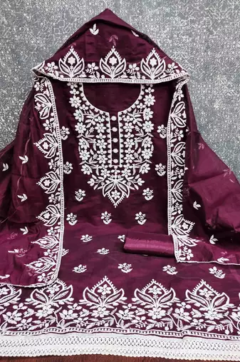 Purple chanderi  embroidered unstitched dressmaterials 3 pair top bottom dupptaa