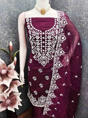 Purple chanderi  embroidered unstitched dressmaterials 3 pair top bottom dupptaa 3