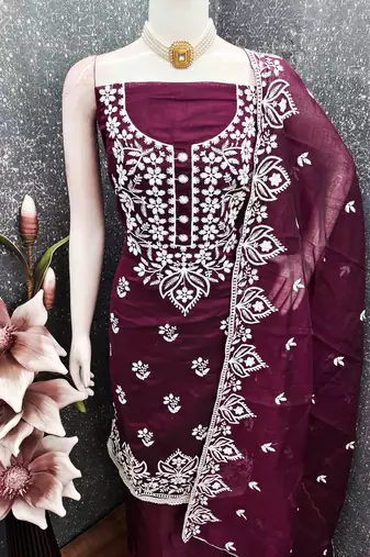 Purple chanderi  embroidered unstitched dressmaterials 3 pair top bottom dupptaa