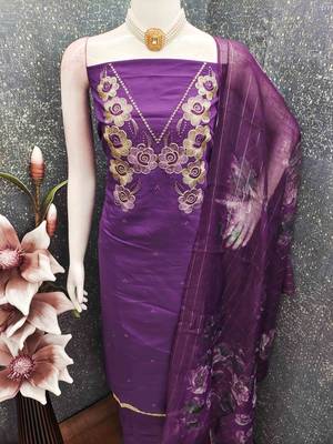 Lavender silk embroidered unstitched dressmaterials 3 pair top bottom dupptaa 3