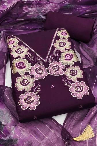 purple silk blend embroidered unstitched dressmaterials 3 pair top bottom dupptaa