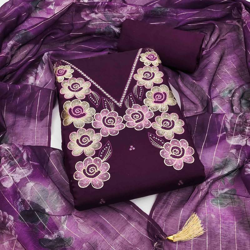 Purple silk  embroidered unstitched dressmaterials 3 pair top bottom dupptaa
