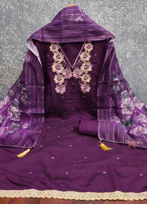 Purple silk  embroidered unstitched dressmaterials 3 pair top bottom dupptaa 2