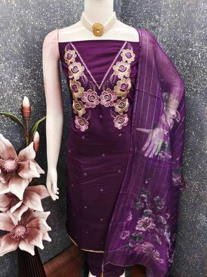 Purple silk  embroidered unstitched dressmaterials 3 pair top bottom dupptaa 3