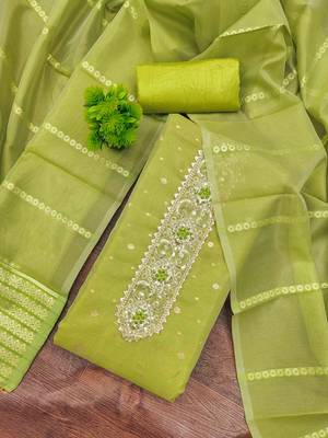 Green silk  embroidered unstitched dressmaterials 3 pair top bottom dupptaa 1