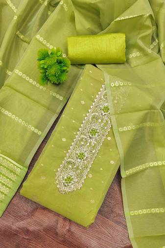 Green silk  embroidered unstitched dressmaterials 3 pair top bottom dupptaa