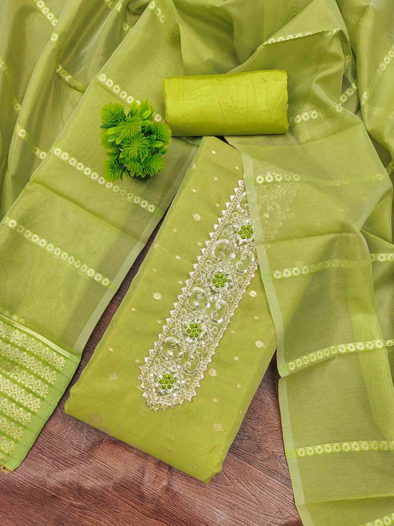 Green silk  embroidered unstitched dressmaterials 3 pair top bottom dupptaa