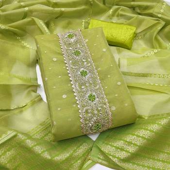 Green silk  embroidered unstitched dressmaterials 3 pair top bottom dupptaa 2