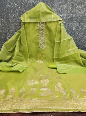 Green silk  embroidered unstitched dressmaterials 3 pair top bottom dupptaa 3