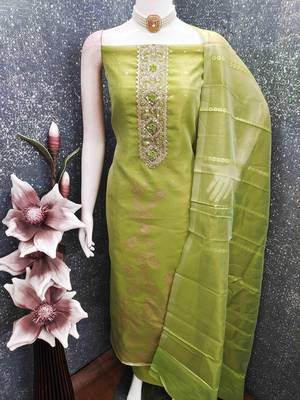 Green silk  embroidered unstitched dressmaterials 3 pair top bottom dupptaa 4