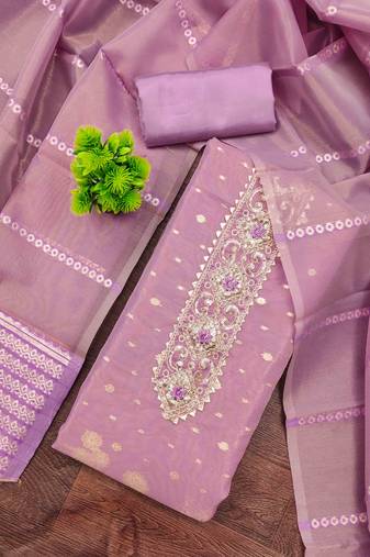 Lavender silk embroidered unstitched dressmaterials 3 pair top bottom dupptaa