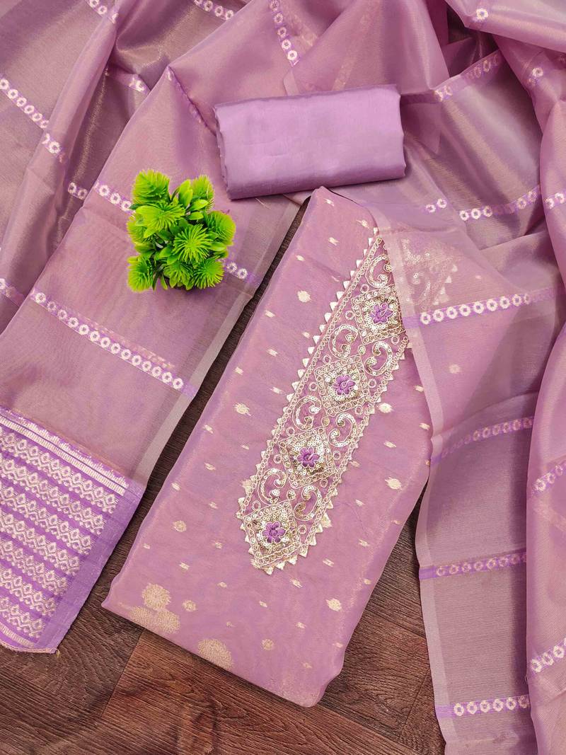 Lavender silk embroidered unstitched dressmaterials 3 pair top bottom dupptaa