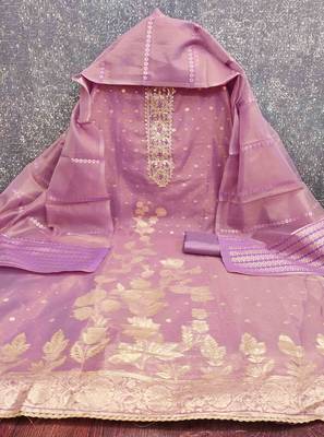 Lavender silk embroidered unstitched dressmaterials 3 pair top bottom dupptaa 3