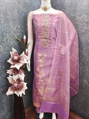 Lavender silk embroidered unstitched dressmaterials 3 pair top bottom dupptaa 4