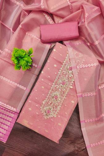 Pink silk  embroidered unstitched dressmaterials 3 pair top bottom dupptaa